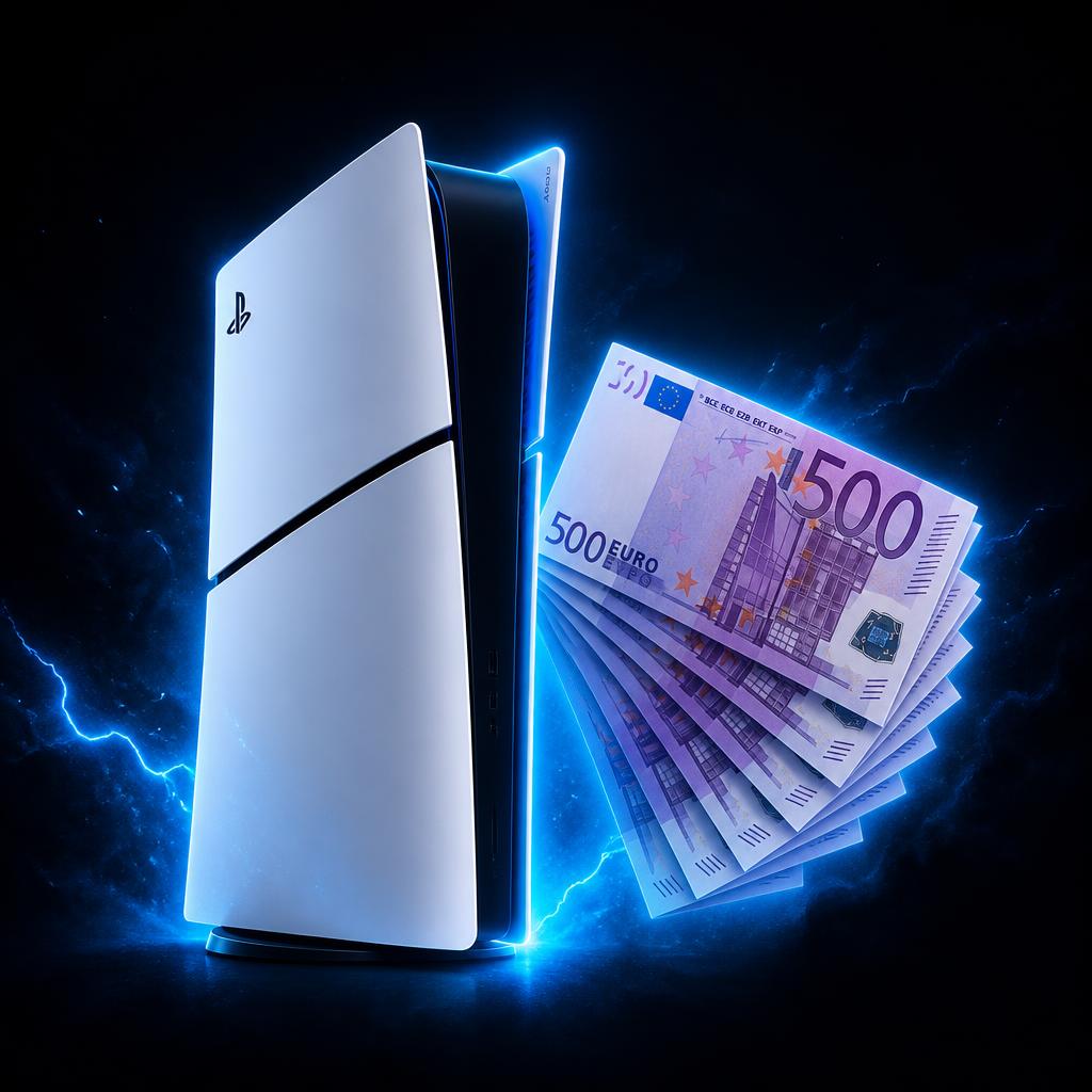 PS5 Slim Konsole neben 500 Euro Bargeld als wöchentlicher Drop-Preis